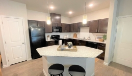 kitchen cabinets, island and stools