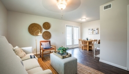 Living room with couch, ottoman, armchair, floor lamp
