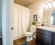 Master bathroom with toilet, sink, countertop, and shower
